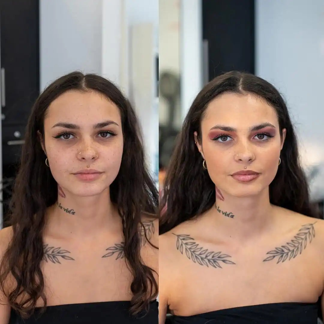 Transformation de maquillage avant et après.